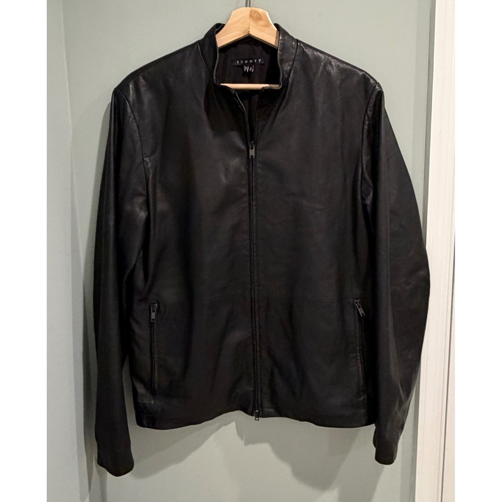 Theory Black‎ Lamb Leather Moto Jacket Stand Collar Zip Front Womens Size Medium